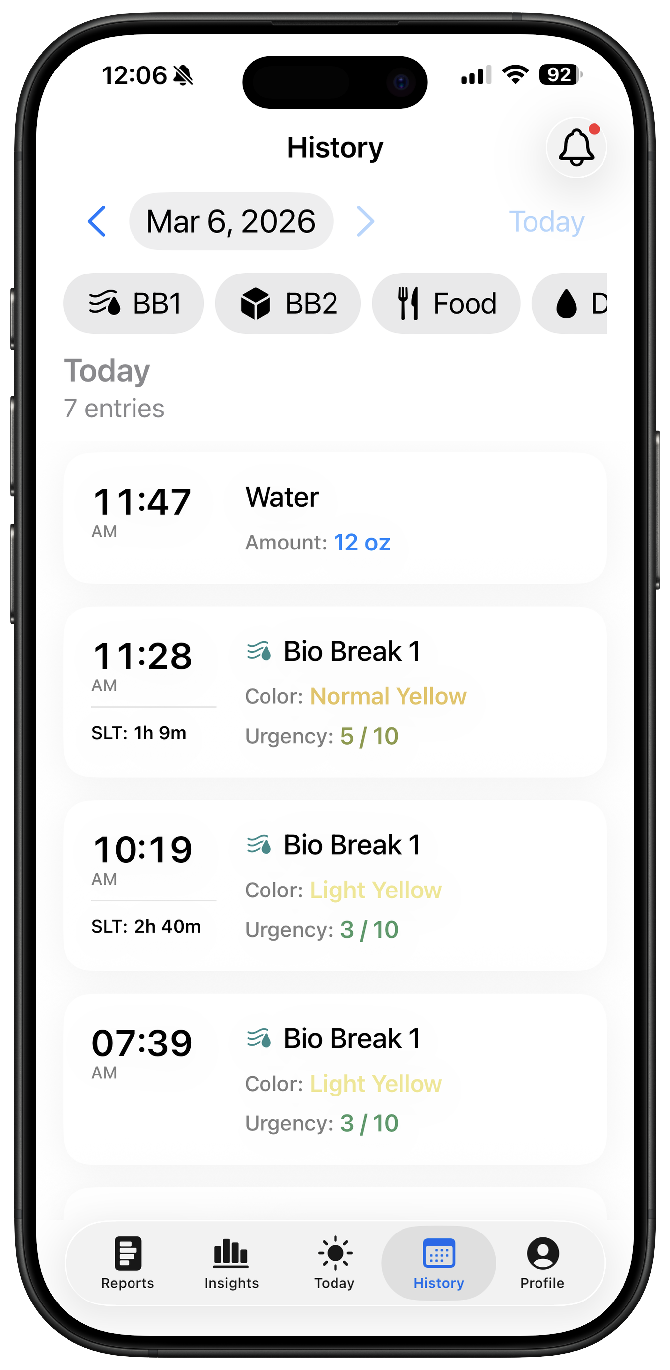 Bio Break History - Detailed log entries with timestamps, color, and urgency
