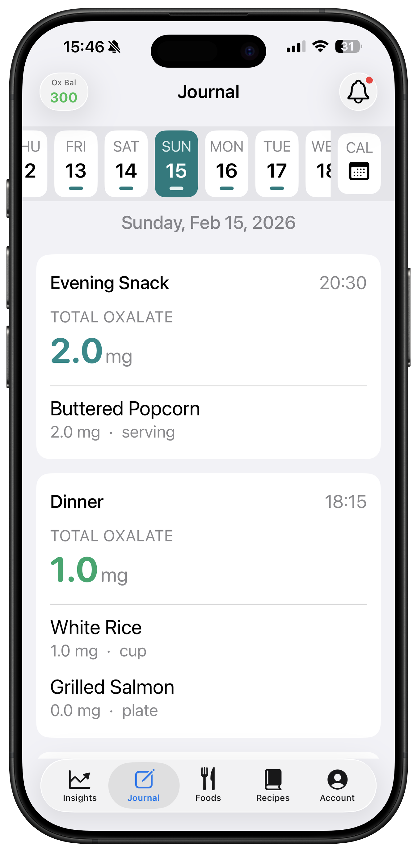 Low Ox Life Journal - Log meals and track daily oxalate intake with date navigation